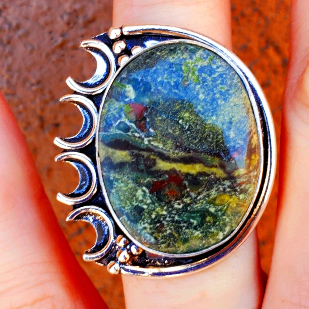 New Dragon Blood Jasper Moon Goddess 925 Silver Ring.